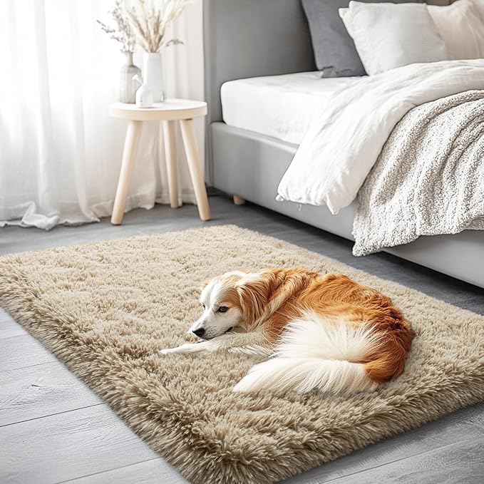 2x3 Area Rug for Bedroom, Small Rugs for Living Room Nursery Kids Room Dorm Home Decor Aesthetic, Fluffy Shaggy Rug with 4 Anti-Slip Carpet Tapes, Light Tan