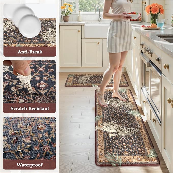 KIMODE Anti Fatigue Kitchen Mats for Floor 2 Piece, Farmhouse Puce Red Kitchen Rugs, Cushioned Kitchen Floor Mats, Tiger Memory Foam Standing Desk Mats for Laundry Office Sink 17"x47"+17"x29"