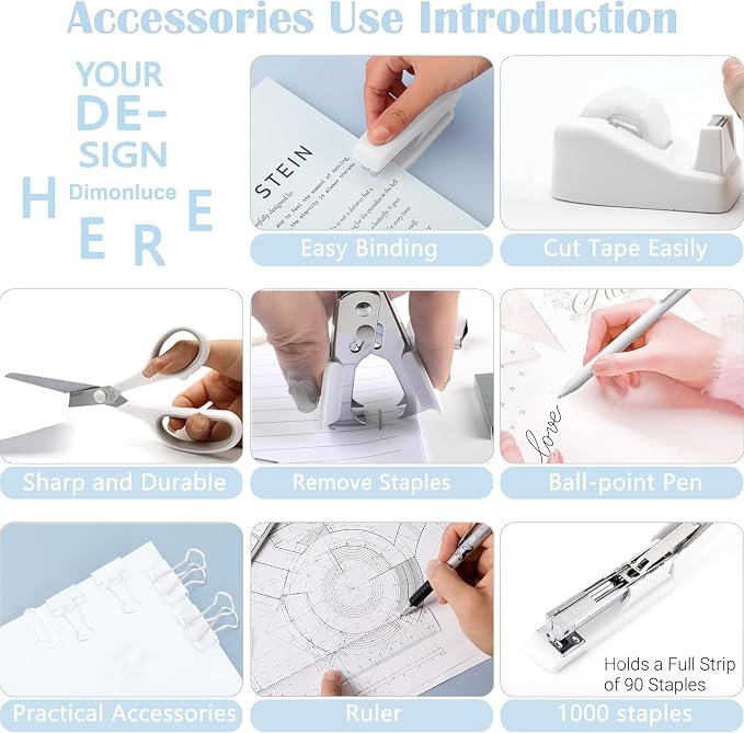 Dimonluce Office Desk Accessories, White Office Supplies Accessories with Tape Dispenser, Stapler, Staple Remover, 1000 Staples, Tape, Clips Set, Ruler, Scissor, Pen