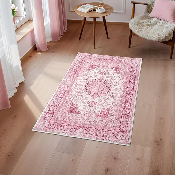 Macgace 2x3 Bright Pink Area Rug for Entryway, Small Washable Rugs with Non-Slip Backing for Girls Bedroom, Cute Vintage Throw Carpet Kitchen Laundry Front Door Decor