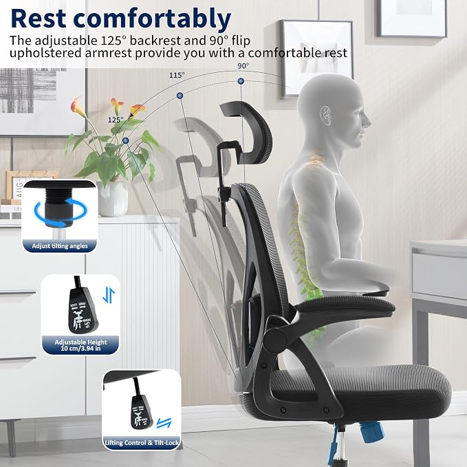 400 Lbs Mesh Ergonomic Office Chair, High Back with Lumbar & Headrest for Home Office
