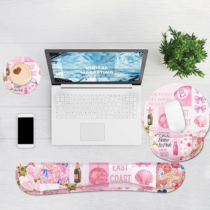 Ergonomic Mouse Pad with Wrist Rest and Keyboard Wrist Rest, Mousepad and Wrist Rest for Computer Keyboard, Pain Relief, Non-Slip Rubber Base, Mouse Pad with Wrist Support for Gaming, Pink Collage