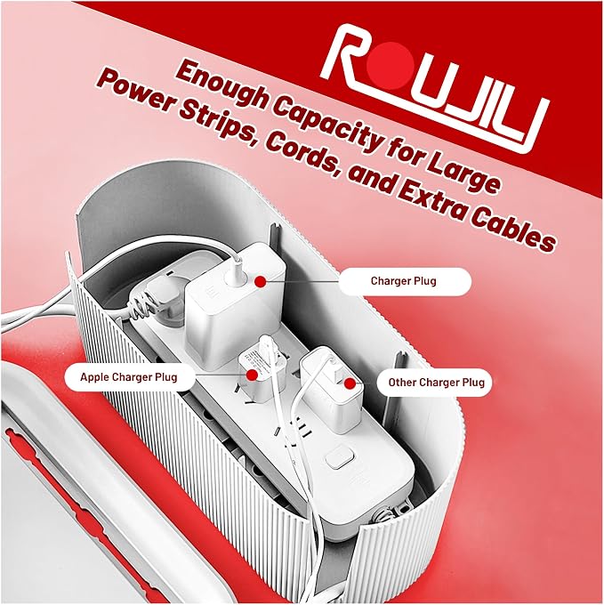 Cable Management Box, White Cord Organizer Box with Lid, 12.4 x 5.1 x 4.8 in, Includes 5 Reusable Cable Ties and 4 Anti-Slip Pads, Cable Hider for Desk, TV Stand, Office