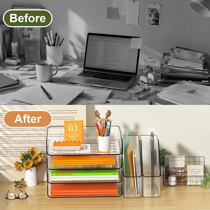 FANXIYQ 4-Tier Acrylic Paper Tray Organizer with Bookends, Paper Organizer | Tool-Free Stackable 1-4 Tier Design with 2 Bookends for Files, Folders and A4 Paper; For School, Home Office and Study Room