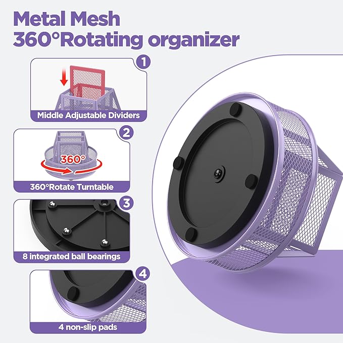 Docnest Mesh 360 Degree Rotating Pen Holder with 6 Compartment,Metal Pencil Cup Art Supply Storage Box Caddy,Teacher Stationery and Dorm Supplies Desk Organizer for Pencil,Sticky Note,Scissors-Purple