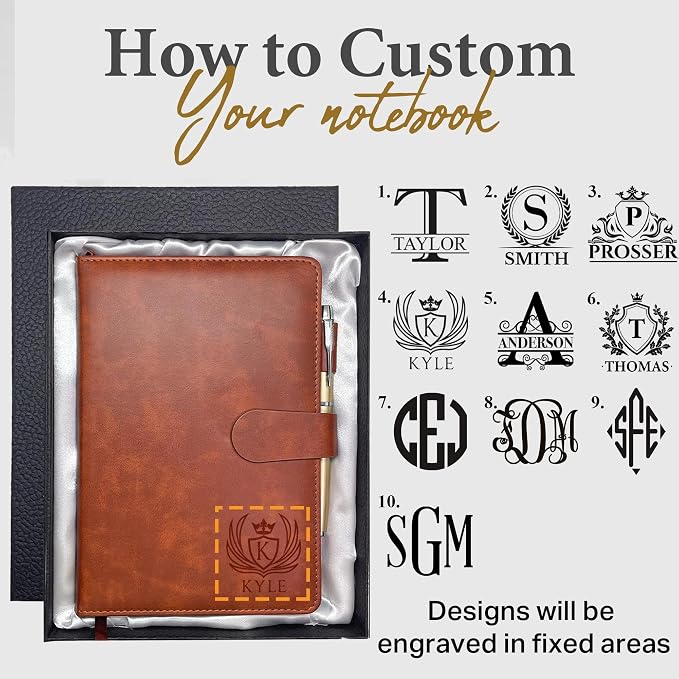 Personalized Notebook with Gifts Box and Pen, Monogrammed Leather Journal, Custom Gifts for Women, Men, Engraved Journals To Write In, Birthday, Graduation, Father’s Day, Corporate, Business Gift