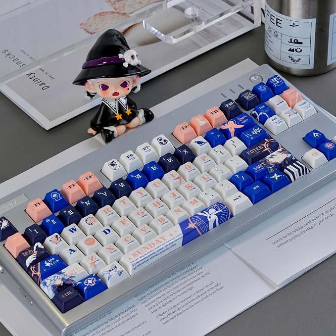 PBT Material Keycaps 130 Keys，Japanese Anime Style Keycaps Cherry Profile Dye Sublimation Keycap Blue White Custom Key Cap Set for Mechanical Keyboard 61/64/75/84/87/104/108 Layout
