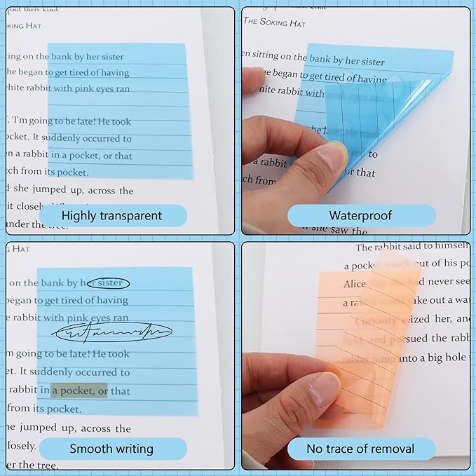 Vuzvuv 920 Sheets Transparent Line Clear Sticky Notes with Pen,3x3 Inch Bulk Translucent Sticky Notes Set for Bible Tabs, Book Tabs, Office School Supplies(Bright Line Colors)