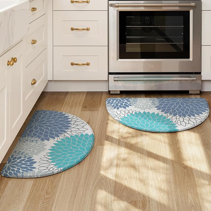 KIMODE Half Circle Anti Fatigue Mats for Kitchen Floor Kitchen Mats 2PCS | 18"x28+18"x28",Blue,Dahlia Floral Boho,Kitchen Rug Sets of 2,Non Slip,Waterproof,for Sink Office Laundry Bathroom Decor