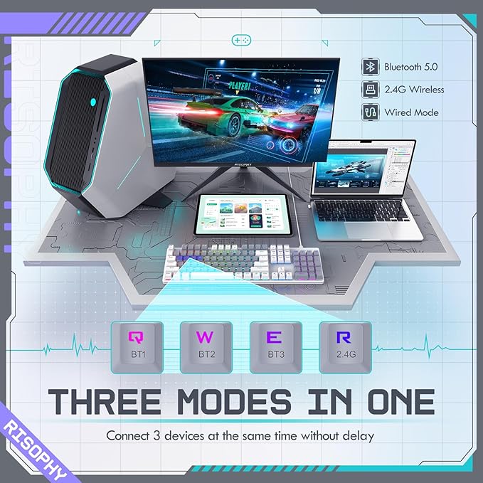 RisoPhy Wireless Mechanical Keyboard, Triple Mode 2.4G/USB-C/Bluetooth Gaming Keyboard, 104 Keys Programmable, Customize RGB Backlit, Red Switch, Bicolor PBT Keycaps, Rechargeable Wired for Laptop PC