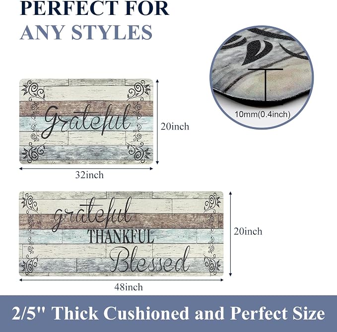 HEBE Anti Fatigue Kitchen Mat Set of 2 Non Slip Cushioned Kitchen Mats for Floor Waterproof Farmhouse Kitchen Rugs and Mats Set Comfort Standing Desk Mat Carpet for Sink,Office,Laundry