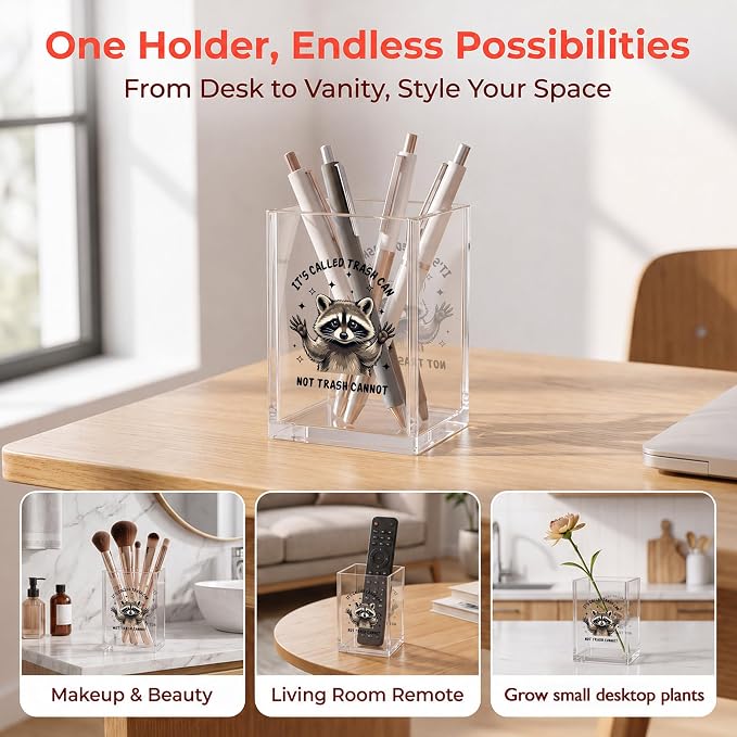 Funny Raccoon Office Acrylic Cosmetic Pen Pencil Holder Cup, Trash Can Not Trash Cannot Cute Pencil Organizer, Unique Desk Accessories, Motivational Gifts for Women Men Coworker（A31）