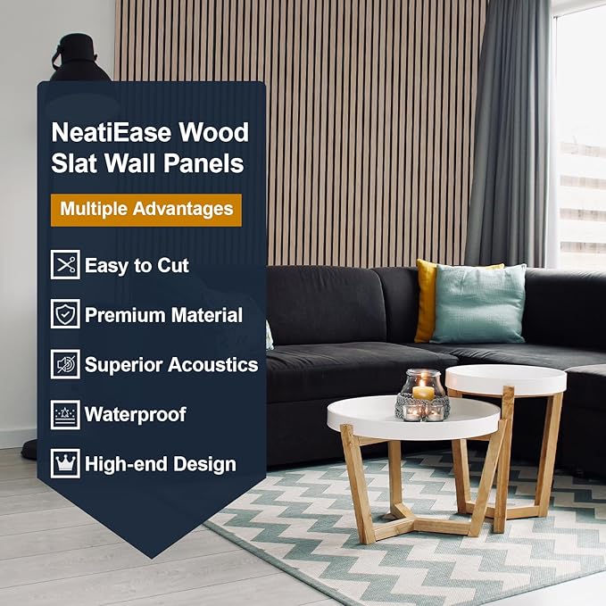 NeatiEase Wood Panels for Wall, 4-Piece 108" x 12.6" Soundproof Wood Slat Wall Panel for Interior Wall Decor Noise Cancelling, Acoustic Wall Panels, Sound Absorbing Panel (Rustic Oak)