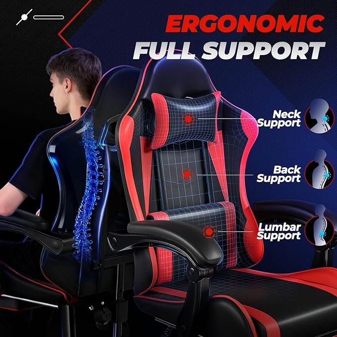 Auto Dynasty Ergonomic Gaming Chair, High-Back Office Chair w/Adjustable Lumbar Support, Linkage Armrest, Headrest & Footrest, 350LBS Recliner Swivel Computer Game Racing Chair, Red/Black