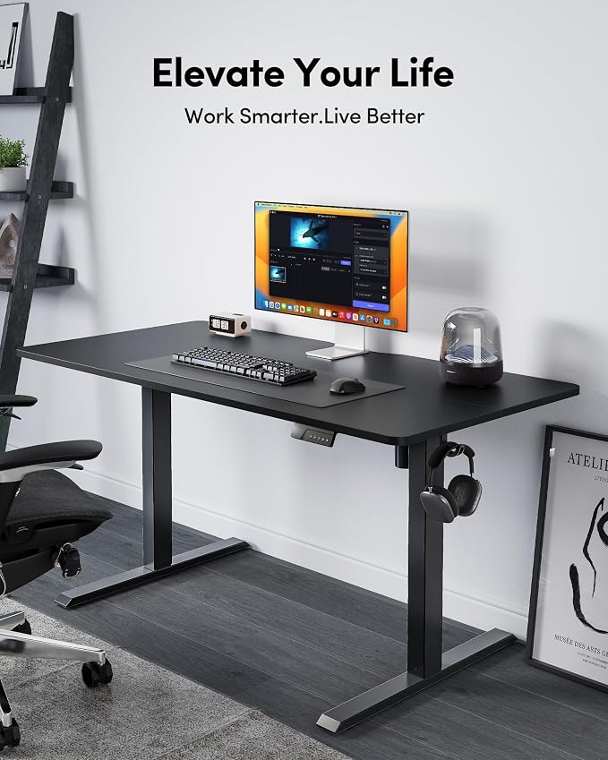 FEZIBO 48 x 24 Inchs Electric Standing Desk, Height Adjustable, Sit Stand Up, Computer Office Desk with Splice Board, Black Frame/Black Top