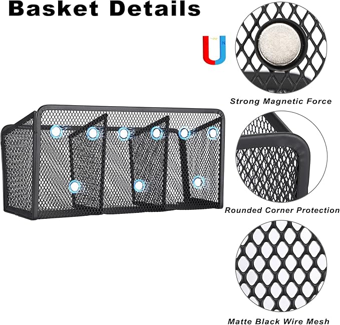 ELLDOO Magnetic Water Drink Packet Holder, 3 Compartments Magnetic Metal Mesh Tea Bag Organizer Sugar Packet Basket, Kitchen Organizers and Storage, Magnetic Pencil Holder