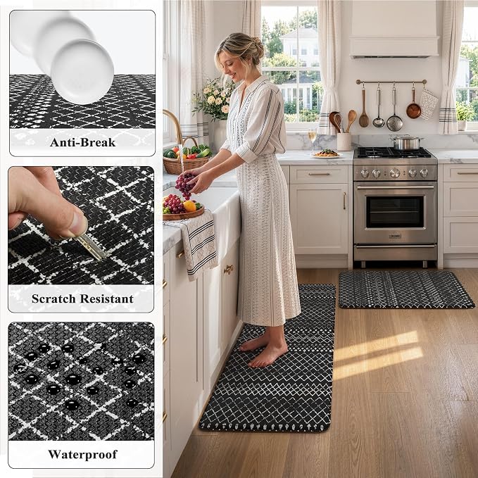 KIMODE Anti Fatigue Kitchen Mats for Floor 2 Piece, Cushioned Farmhouse Kitchen Rugs, Memory Foam Kitchen Floor Mats, Standing Desk Mats for Laundry Office Sink Black 20"x47"+20"x32"