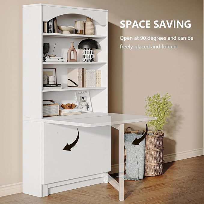 Folding Desk with Storage, Space-Saving Foldable Convertible Writing Table, Wall Mount Fold Out Computer Desk for Home Office, Craft Room, Living Room, Bedroom, White