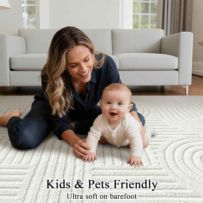 SHACOS Soft Cozy Fluffy Arch Pattern Runner Rugs 2x10 Cream White | High Low Pile Non Slip Washable Minimalist Area Rug Runner Modern Carpet for Living Room Bedroom Bathroom Hallway Kitchen