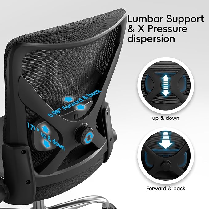 Ergalithic Office Home Ergonomic Desk Chair-Computer X-Shaped Chair Mesh PU Leather with Adjustable Lumbar Support-Executive Chair High Back Flip-Up Arms for Long Hours (Black-No Headrest)