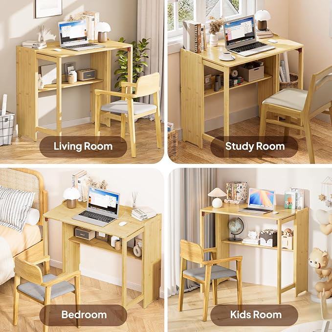 Bamboo Folding Desk for Small Spaces, Mid Century Small Computer Foldable Desk for Bedroom Home Office, Space Saving Sofa Table for Couch, Writing Work Office Desk,Natural