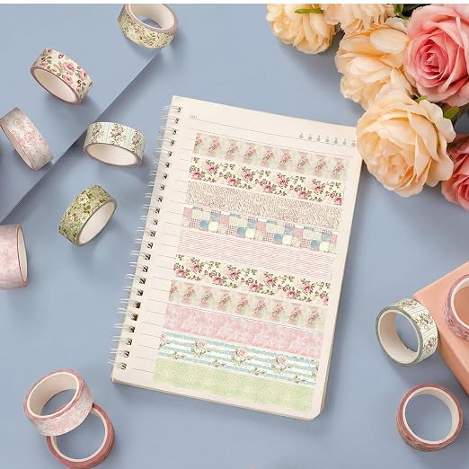 12 Rolls Watercolor Floral Washi Tape Set 15 mm Vintage Flower Decorative Masking Tape for Summer School Arts DIY Craft Scrapbook Journal Supplies Gifts(Vintage Pink,Cottagecore)