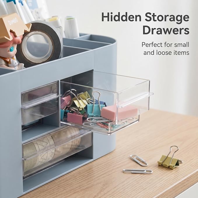 School Supplies Organizer with Drawers, Pen Holder, Blue | Student desk organizer with removable dividers and clear drawers for pens, markers, art tools and school supplies.