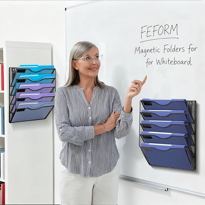 Magnetic File Holder,No Assembly Required & No Drilling,Hanging Magnetic File Organizer,Magnetic Mail Paper Folder Holder for Refrigerator,Whiteboard,File Cabinets (5-Tier)