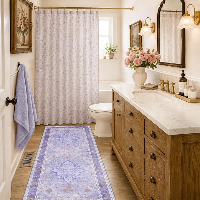 RELEANY Area Rugs Runner 2'x6' Washable Non-Slip, Floral Vintage Distress Medallion Carpet for Kitchen Hallway Bedroom Beside Laundry Room Bathroom, Light Purple Brown
