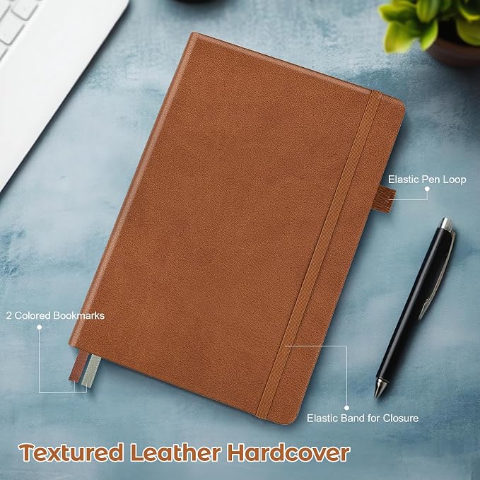 Graph Paper Notebook, Hardcover Notebook, Grid Notebook Journal for Women, Men, Large Leather Journals for Writing, Thick Paper, A5 Notebooks for Work, School Supplies, Engineering, 5.7"x8.5", Brown