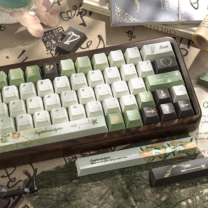 150 Keys Green PBT Keycaps, Laurel Theme Custom Keycap Cherry Profile, Dye-Sublimation Keycaps Set for 61/64/68/84/87/100/104/108 Cherry MX Mechanical Keyboards