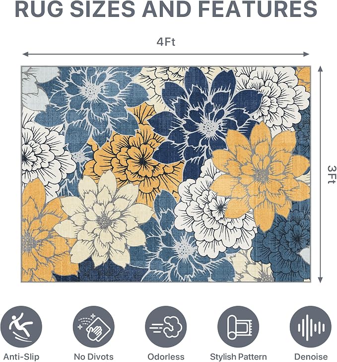36"x48" Office Chair Mat for Hardwood Tile Floor, Under Desk Carpet Protector for Rolling Computer Chair Mat, Machine Washable Area Rug, Anti-Slip 1/5" Thick Low Pile Thin Vinyl Floor Mat, Navy Yellow