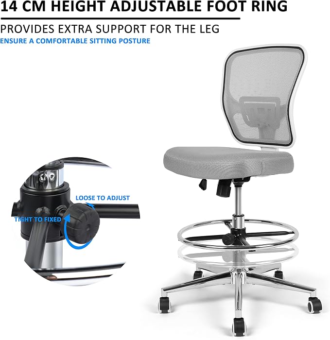 Drafting Chair, Tall Office Chair for Standing Desk, Drafting Stool with Lumbar Support, Adjustable Height and Foot Ring, Grey