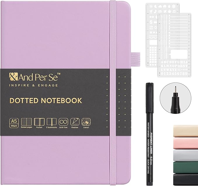 &And Per Se A5 Hardcover Dotted Notebook Kit for Beginners – 176 Numbered Pages, 100gsm Thick Paper, Includes Stencils & Fineliner Pen | Leather Bullet Journal with Templates, Lay Flat Design, Premium Gift for Women Men (Lavender)