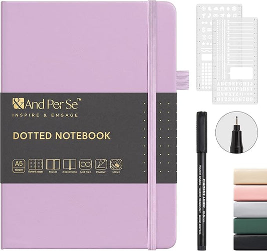 &And Per Se A5 Hardcover Dotted Notebook Kit for Beginners – 176 Numbered Pages, 100gsm Thick Paper, Includes Stencils & Fineliner Pen | Leather Bullet Journal with Templates, Lay Flat Design, Premium Gift for Women Men (Lavender)