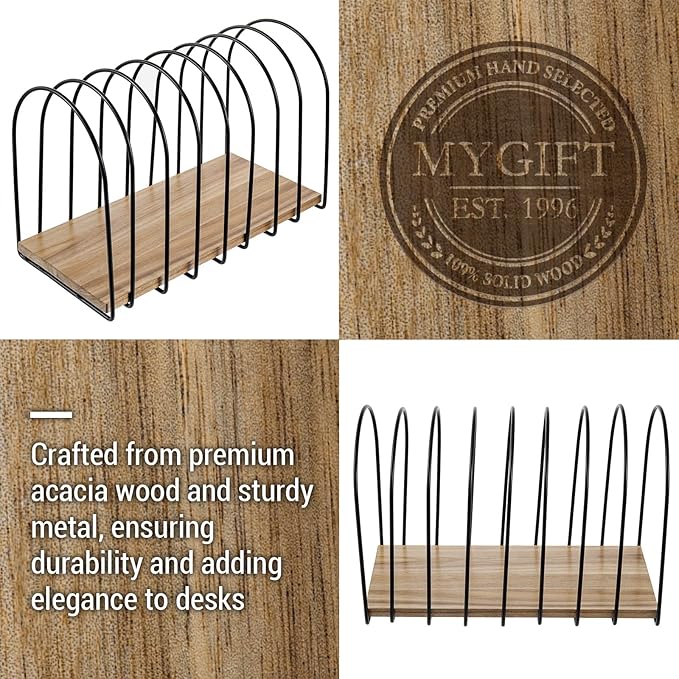MyGift 14 Inch Large Desktop Document Holder, Premium Acacia Solid Wood and Black Metal Wire Arch 8 Section File Folder Storage Rack, Office Desk Organizer