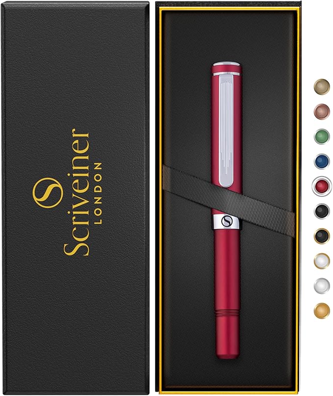 Scriveiner Red Rollerball EDC Luxury Pen, Chrome Finish, 4 Black Medium Refills