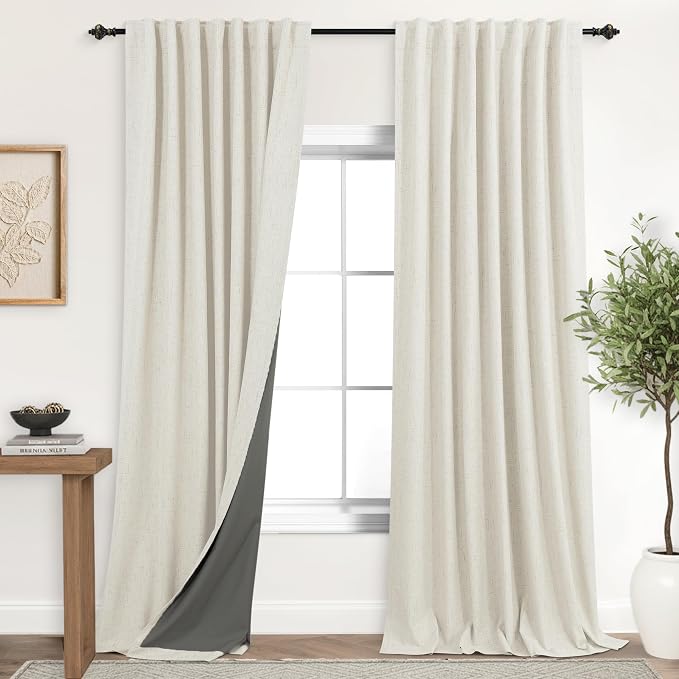 Extra Wide Blackout Curtains for Living Room, 96 Inch Long 2 Panel Set Linen Thermal Insulated Window Curtain with Pleated Back Tab, Light Blocking Energy Efficient Drapes for Sliding Glass Doors