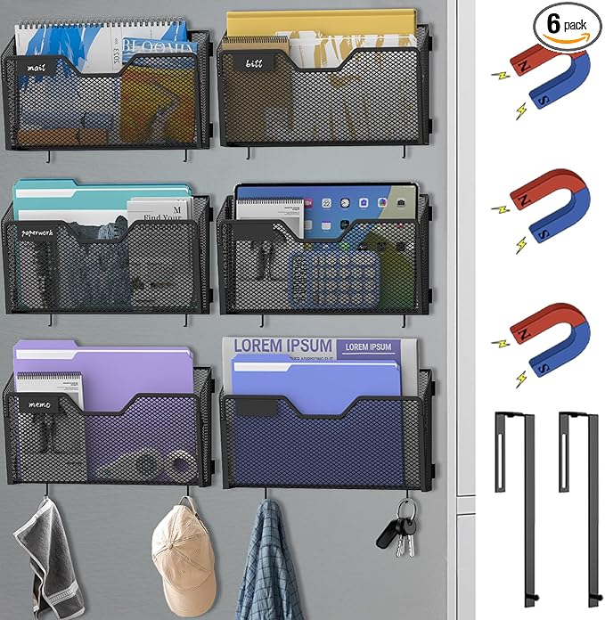 6 Pack Magnetic File Holder Wall File Organizer with Label Panel and 2 Hooks Magnetic Paper Mail Holder for File Office, Cabinets and Whiteboard, Black