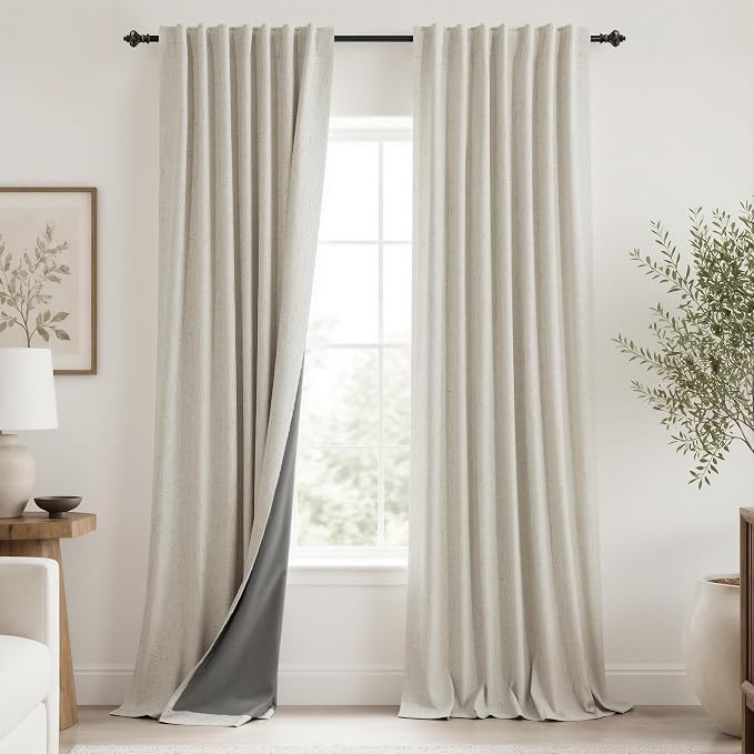 KOUFALL 108 Inch Cream Linen Blackout Curtains, 9ft Long Sun Blocking Modern Farmhouse Black Out Window Drapes for Living Room Bedroom, Wide 52'' W x 108'' L, Set of 2 Panel, Light Oatmeal