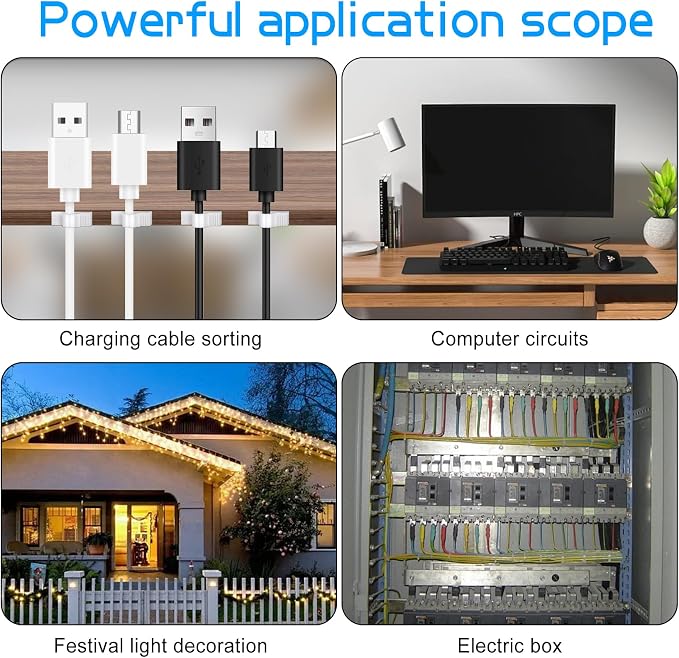 XHF 100pcs Adhesive Cable Wire Clips white, Outdoor Cable Management Wire Organizer Cord Holder for Under Desk, Car, Wall, TV PC Ethernet Cable