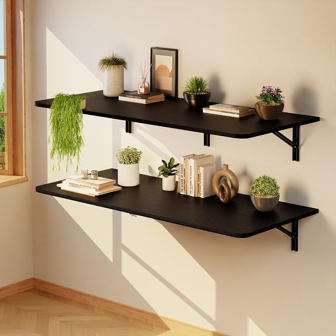 IAE Wall Mounted Floating Foldable Desk, 48" x 22" Folding Computer Workstation Table with Engineered Wood and Metal Shelf Brackets,Fold&Floating Design for Home Office, Apartment,Laundry Room,Black
