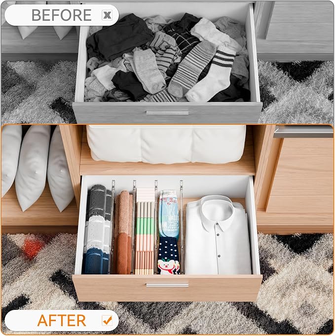 8 Pack Clear Acrylic Drawer Divider 6 Inch High,Expandable from 14-20'',Adjustable Dresser Drawer Dividers for Baby Clothing,Underwear and Sock,Separators,Deep Drawer Separators for Kitchen