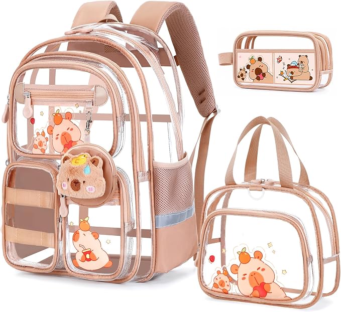 Capybara Theme Clear Backpack,Heavy Duty Transparent Backpack for Girls with Lunch Box Pencil Case,See Through Bookbag for Kids Teens Elementary Middle High School Stadium Approved