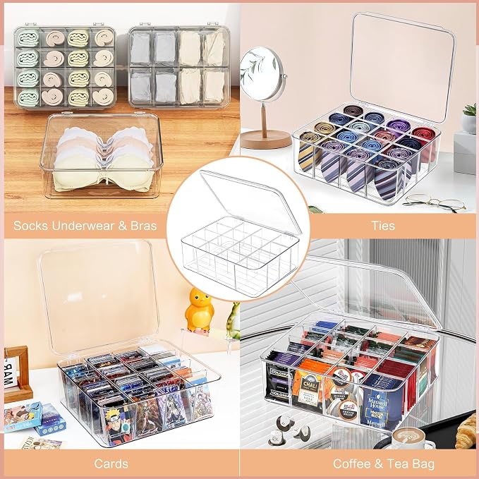2pcs Sock Underwear Organizer, Sunoyar 16 Compartment Adjustable Dividers Tie Bras Socks Underwear Drawer Organizers for Closet, Clear Plastic Storage Containers Box with Lids for Ties Bra Scarf Socks