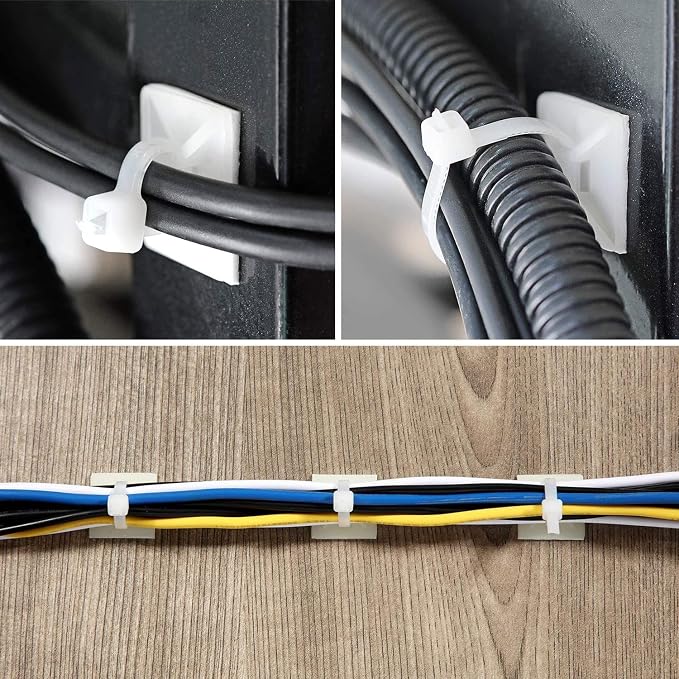 Strong Back-Glue Self Adhesive Cable Zip Tie Mounts Kit - 100 Set Cable Management Clips with 6" Zip Ties, Wire Holders - Outdoor Sticky Wire Organizer Clips - White
