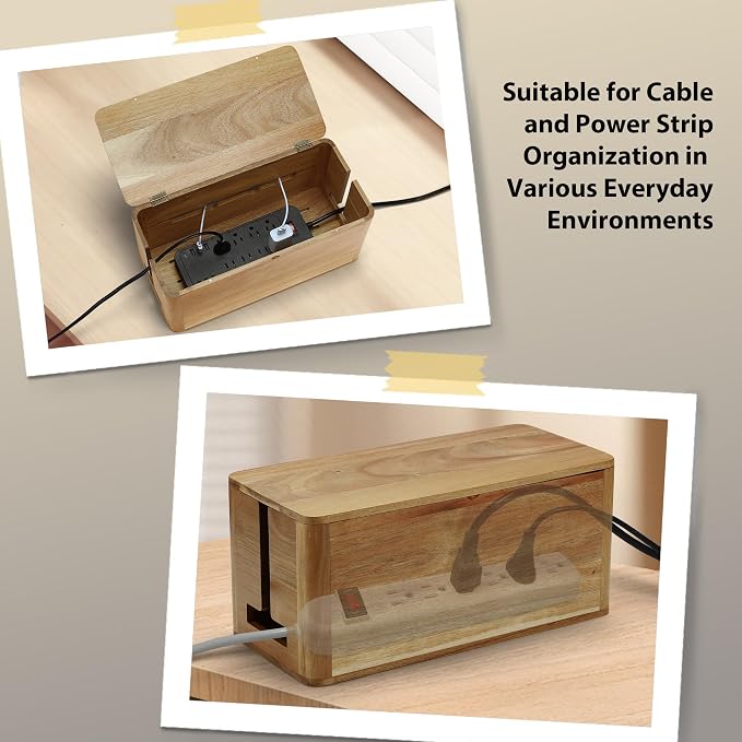Large Acacia Wood Cable Management Box, Magnetic Lid, Cable Organizer | Ventilated Design, Cord Organizer Power Strip Box with Outlet Covers, Cord Hider for Desk and Floor Cable Storage