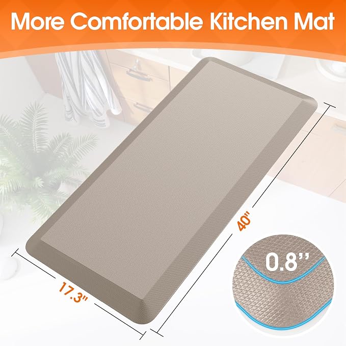 4/5 Inch Thicker Kitchen Mat, Cushioned Thick Floor Comfort Mat, with Non-Slip Bottom, Water & Stain Resistant, Easy Clean Standing Desk Mat for Kitchen, Sink, Office (17.3"x39"x0.8", Khaki)