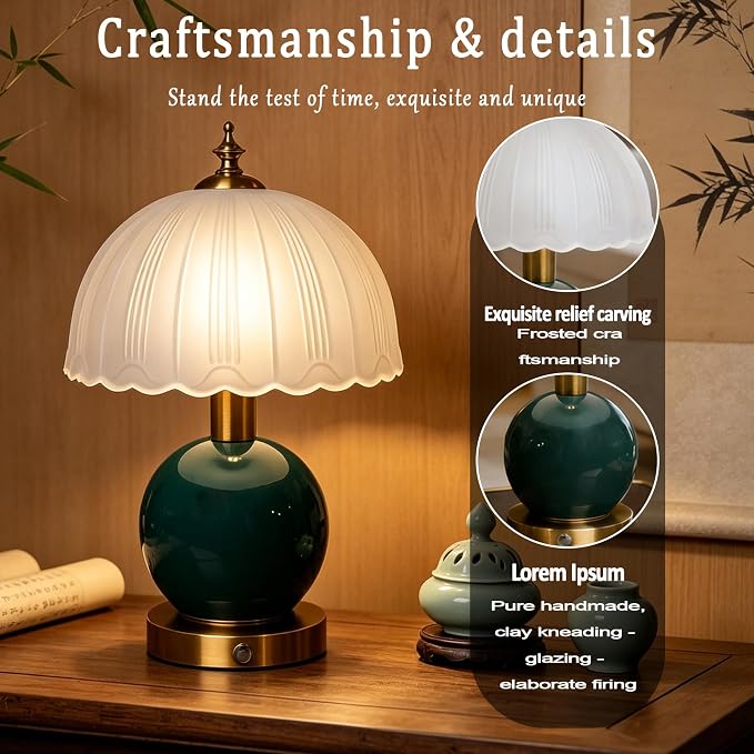 Living Room Vintage Ceramic lamp,12 inch Modern Rechargeable Touch Light, Stepless Light Adjustment Desk Lamp, Classic Chinese Style Emerald Green