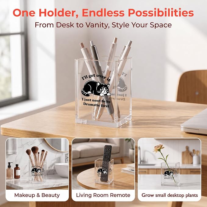 Funny Cat Office Acrylic Cosmetic Pen Pencil Holder Cup, I'll Get Over It I Just Need to Be Dramatic First Cute Pencil Organizer, Humor Desk Decor, Emotional Support Gifts for Women Men （A28）